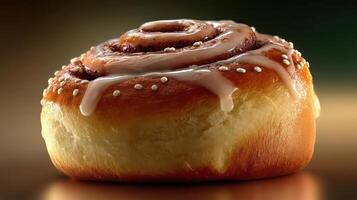 Delicious, glazed cinnamon roll with icing and sprinkles. photo