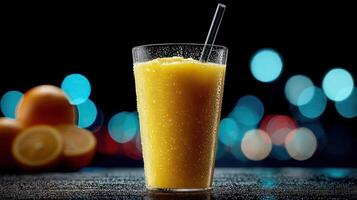 Refreshing orange juice in a glass with fruit bokeh. photo