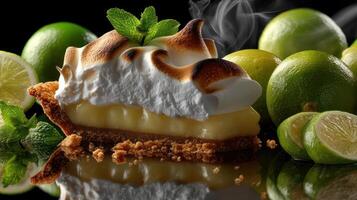 Key lime pie slice with meringue and fresh limes. photo
