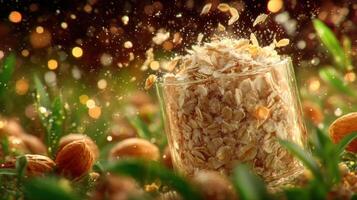 Oats in a jar, surrounded by almonds and greenery. photo