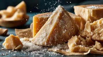 Close-up of delicious caramel pieces with flaky salt. photo