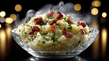 Delicious creamy mashed potatoes with crispy bacon and parsley. photo