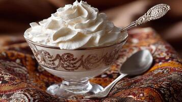 Elegant whipped cream dessert in a glass bowl with a silver spoon. photo