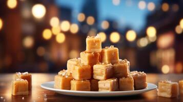 Stacked caramel squares on a plate, bokeh background. photo