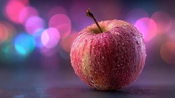 Dewy red apple with bokeh background. photo