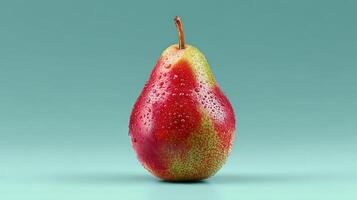 A vibrant red pear with water droplets against a green background. photo