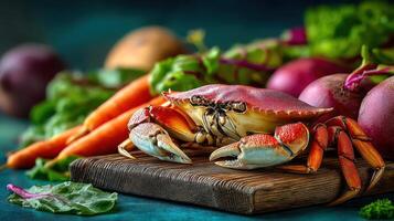 Crab on a wooden board with vibrant vegetables. photo