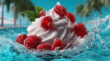 Raspberry dessert with a splash of refreshing water. photo