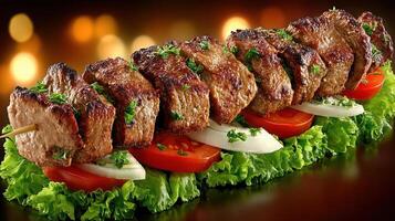 Delicious grilled steak kebabs with vegetables, beautifully presented. photo