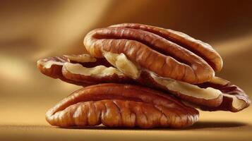 Stack of delicious pecans, close-up, golden background. photo