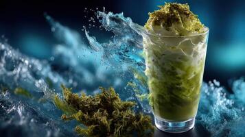 Seaweed smoothie with splash, vibrant green, refreshing drink. photo