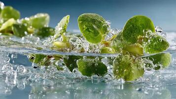 Green peas splashing in water, vibrant and refreshing. photo