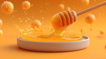 Honey splash with wooden dipper on a plate. photo