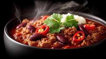 Hearty chili with beans, spices, and fresh garnish. photo