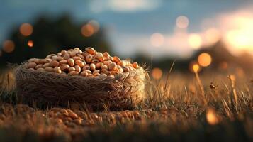 Soybeans in a nest, golden field background. photo