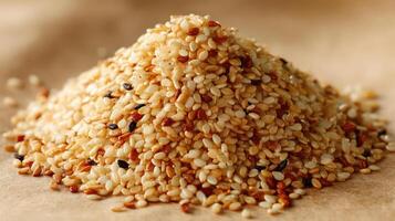 Pile of sesame seeds, a mix of colors and textures. photo