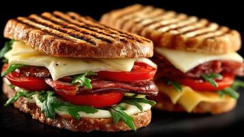 Delicious grilled sandwiches with cheese, bacon, and tomatoes. photo