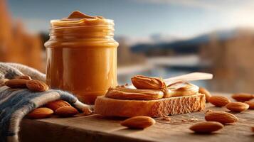 Peanut butter jar and toast with almonds on wooden surface. photo
