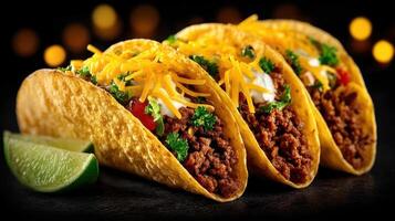 Three tacos with cheese and sour cream photo