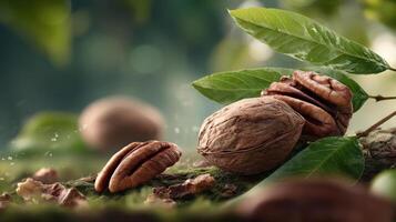 Walnut on a branch with green leaves. photo