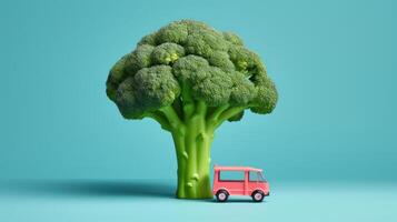 A large broccoli stalk with a miniature pink van. photo