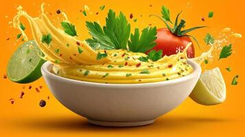 Vibrant spicy dip with lime and herbs, splash effect. photo