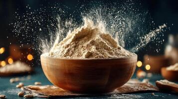 Flour in a wooden bowl, dusting with powder. photo
