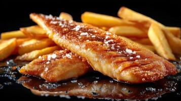 Crispy fried fish with golden fries, sprinkled with salt. photo