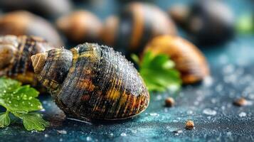 Close-up of delicious snails, ready for culinary delight. photo