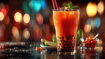 Refreshing bubble tea with tapioca pearls and mint. photo
