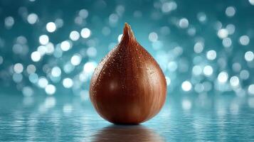 Close-up of a wet onion against a blurred blue background. photo