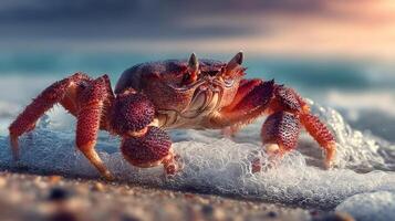 Red crab on the beach, waves crashing around it. photo