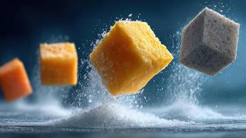 Sugar cubes falling into water photo