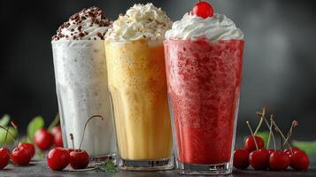 Three vibrant fruit smoothies with whipped cream and cherries. photo