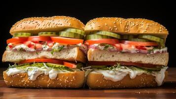 Two delicious sandwiches with fresh vegetables and creamy sauce. photo