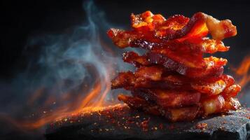 Stacked crispy bacon with spicy seasoning, dramatic lighting. photo