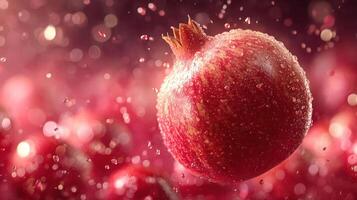 Juicy pomegranate with water droplets, vibrant red, bokeh background. photo