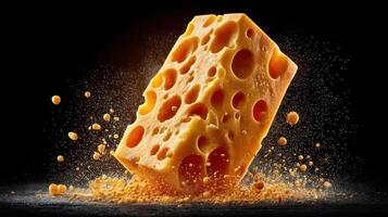 Dramatic cheese explosion with scattered crumbs against a dark background. photo
