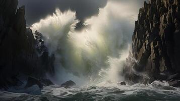 Powerful waves crash against dramatic coastal cliffs. photo