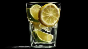 Refreshing lime water with ice in a glass. photo