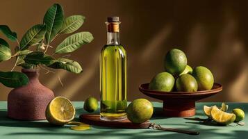 Avocado, oil, lime, and greenery still life composition. photo