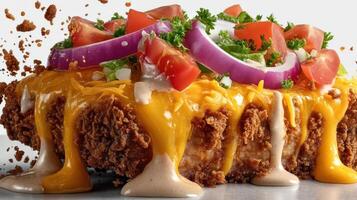 Crispy fried chicken burger with cheese and fresh toppings. photo