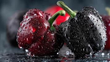 Red and black peppers, wet and vibrant, contrasting textures. photo