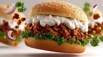 Delicious spicy burger with herbs and crispy toppings. photo