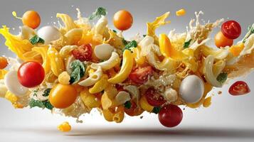 Flying pasta, tomatoes, and cheese in a vibrant splash. photo
