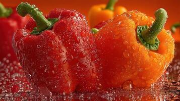 Fresh red bell peppers with water droplets. photo