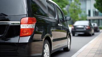 A black van is parked on the side of the road photo