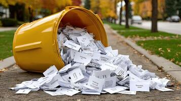 A yellow bucket filled with papers on the side of the road photo
