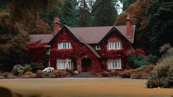 A red house surrounded by trees and bushes photo