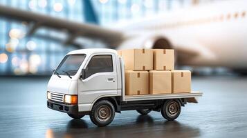 A small truck with boxes on the back is parked in front of an airplane photo